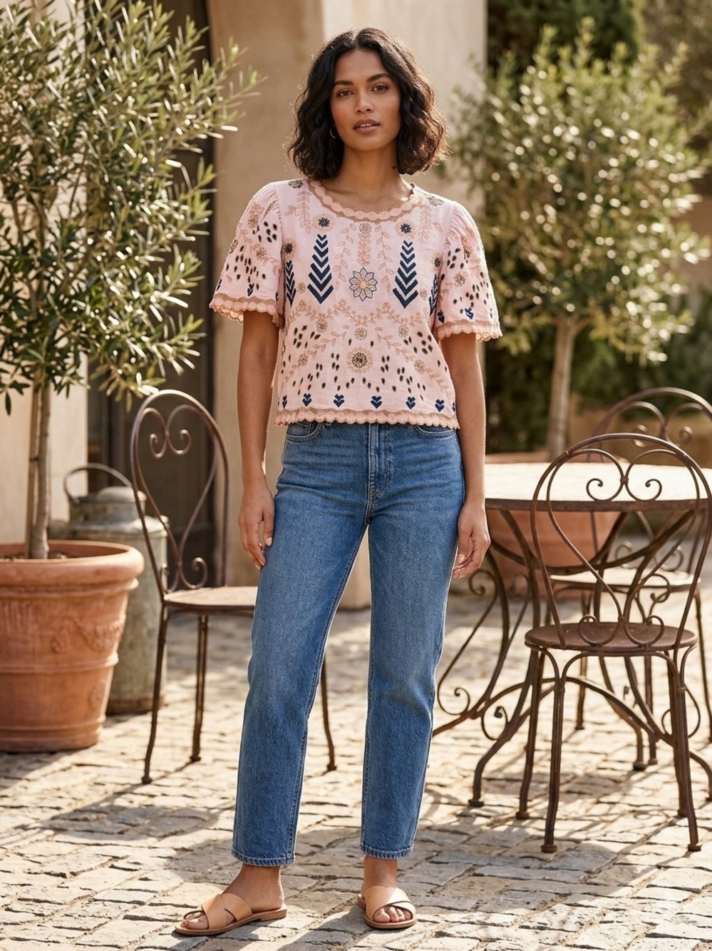 Zara Pink Embroidered Short Sleeve Blouse